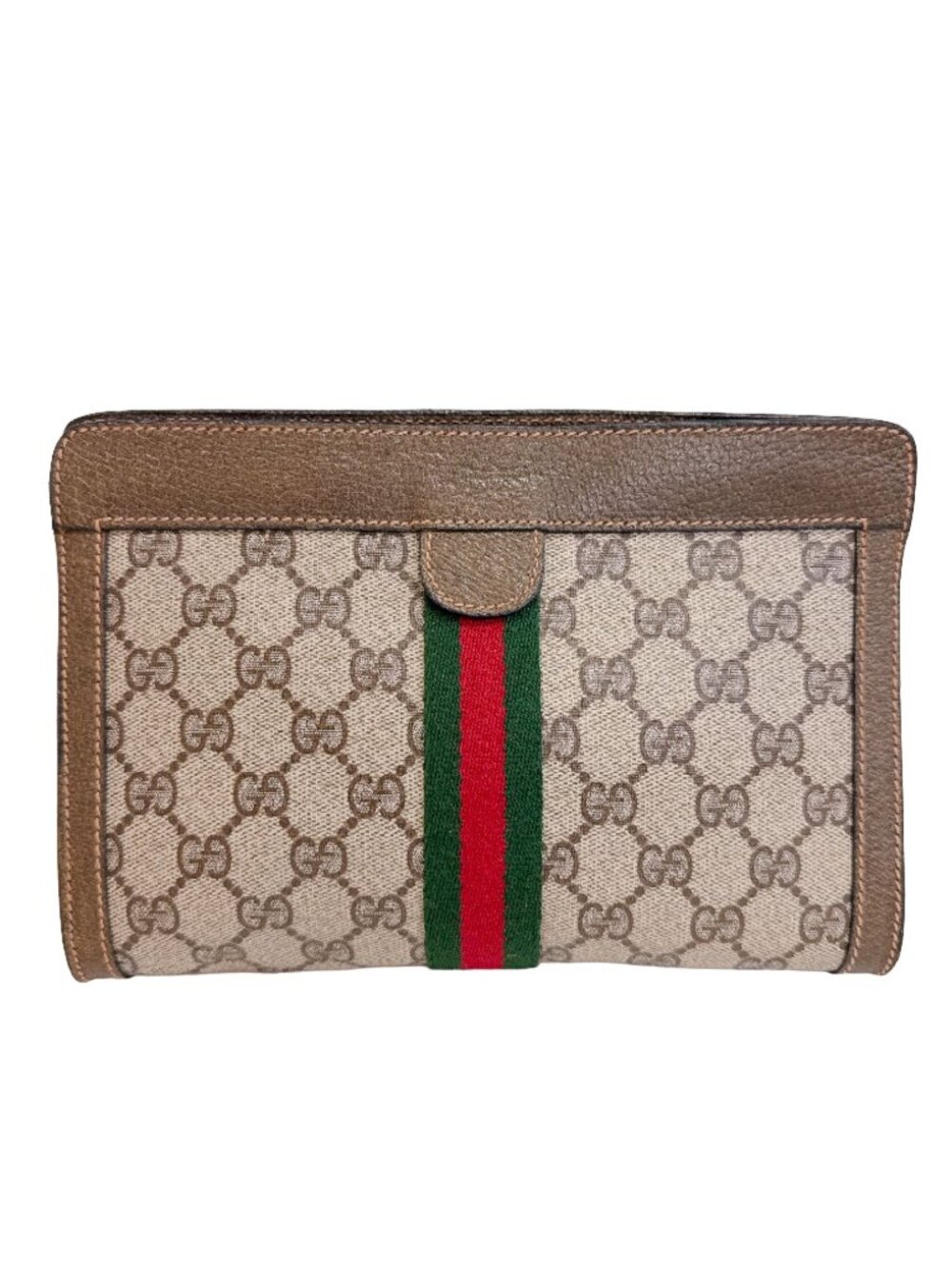 Gucci Vintage Sherry Line GG Pattern Makeup Pouch Vanity Clutch Second Brown